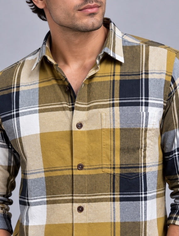ODCC Men's Khaki & Black Checkered Full Sleeve Cotton Twill Shirt with Chest Pocket YM0805 – photo 5