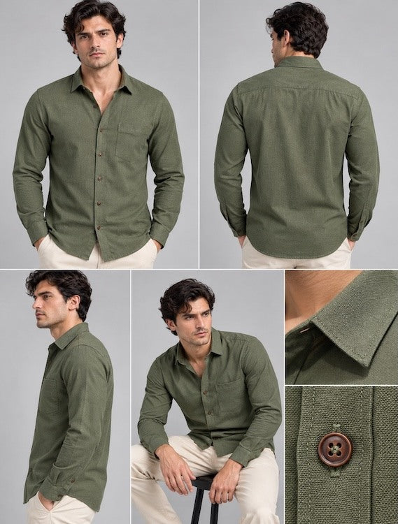 ODCC Men's Green Plain Full Sleeve Cotton Shirt with Chest Pocke YM0800 – photo 7