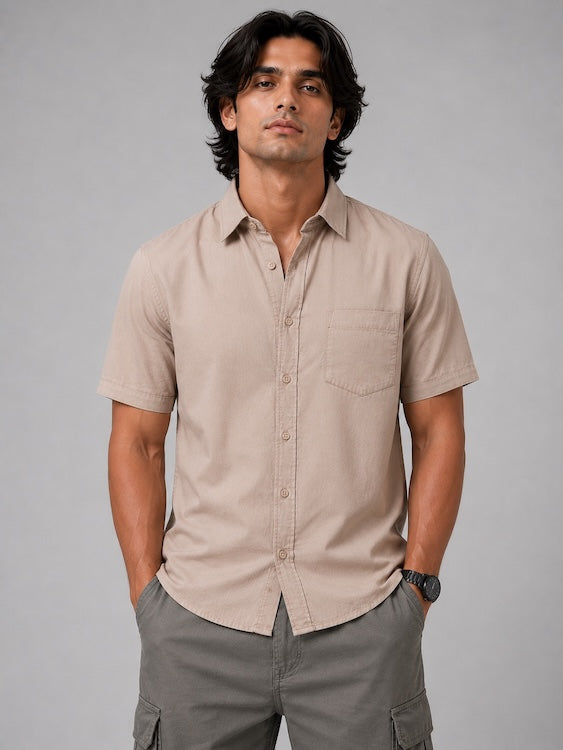 Men's Beige Cotton Linen Blend Half Sleeve Casual Shirt – photo 1