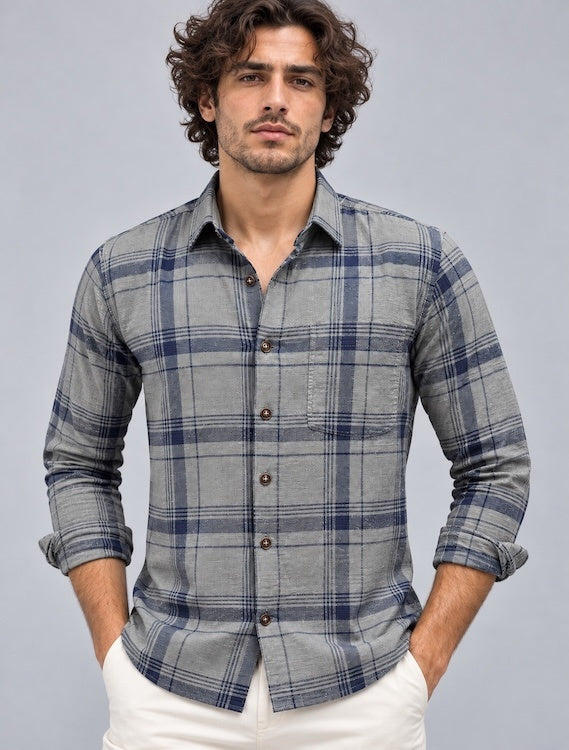 ODCC Men's Grey & Navy Blue Checkered Full Sleeve Cotton Twill St with Chest Pocket YM0808 – photo 1