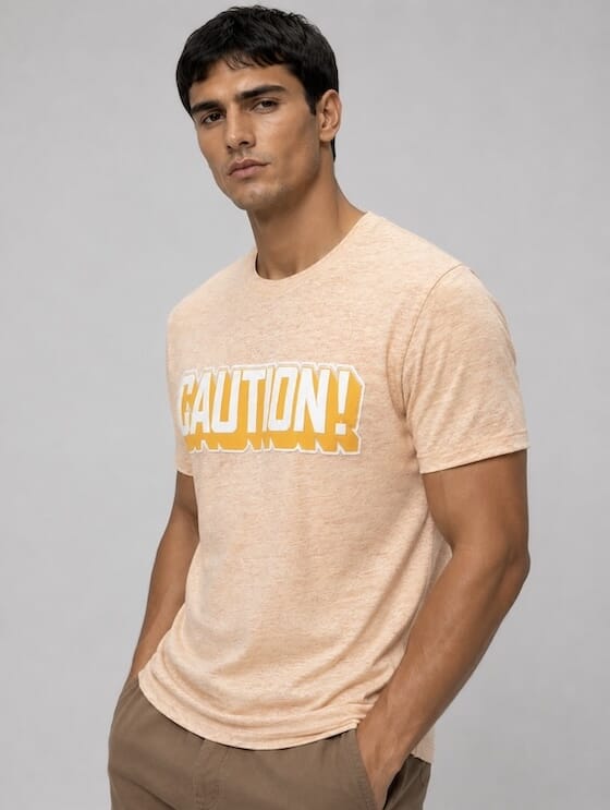 ODCC CAUTION! Printed Crew Neck Cotton Melange T-Shirt for Men – Peach Melange – photo 2