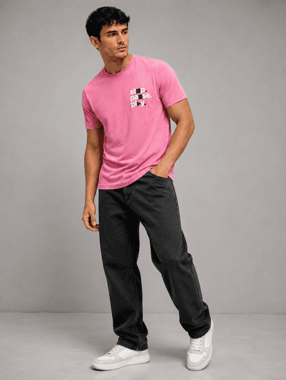 ODCC Men's Pink Melange Round Neck Cotton T-Shirt with Puff HD Print – T02539A – photo 5