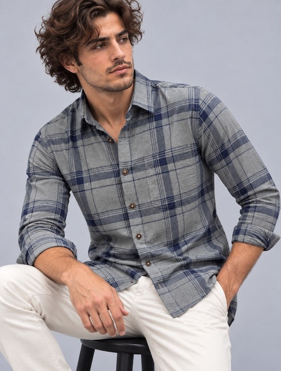 ODCC Men's Grey & Navy Blue Checkered Full Sleeve Cotton Twill St with Chest Pocket YM0808 – photo 7