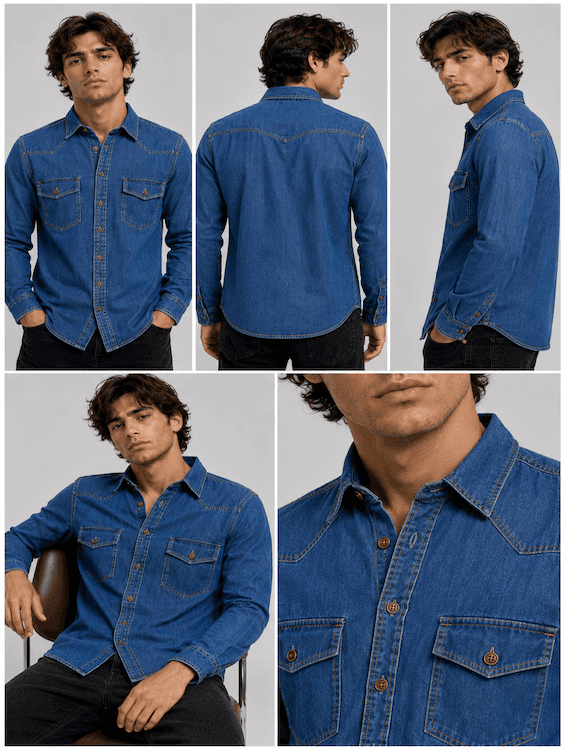 ODCC Men's Mid Blue Vintage Washed Denim Shirt with Brown Stitched Buttons RN0058 – photo 7