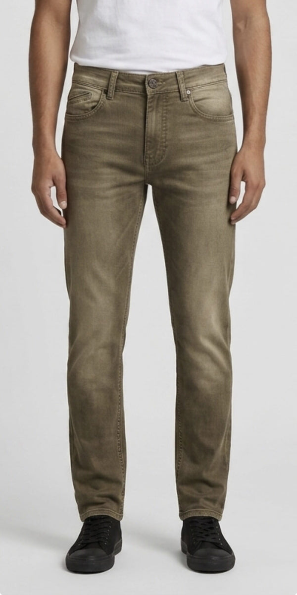 ODCC Men's Dark Khaki Straight Fit Stretch Denim Jeans | Vintage Washed 5 Pocket Jeans | J1777