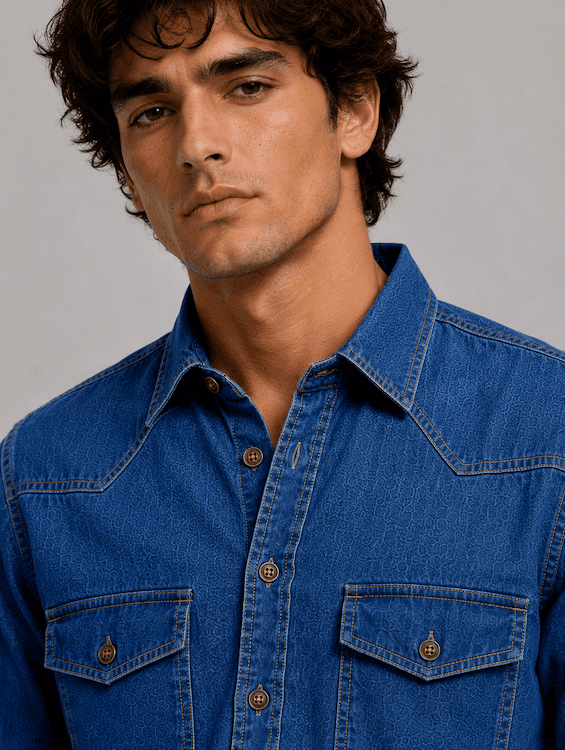 ODCC Men's Mid Blue Vintage Washed Denim Shirt with Brown Stitched Buttons RN0058 – photo 6