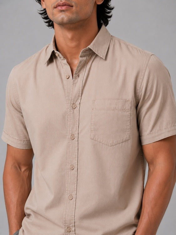 Men's Beige Cotton Linen Blend Half Sleeve Casual Shirt – photo 5
