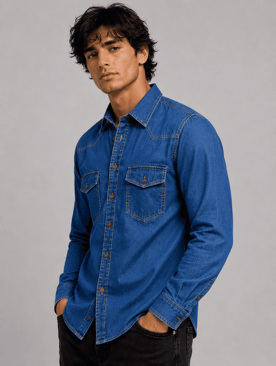 ODCC Men's Mid Blue Vintage Washed Denim Shirt with Brown Stitched Buttons RN0058 – photo 3