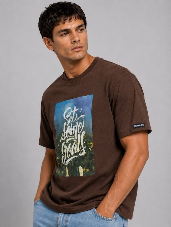 Men's Brown Typography Printed Round Neck T-Shirt | Regular Fit | ODCC