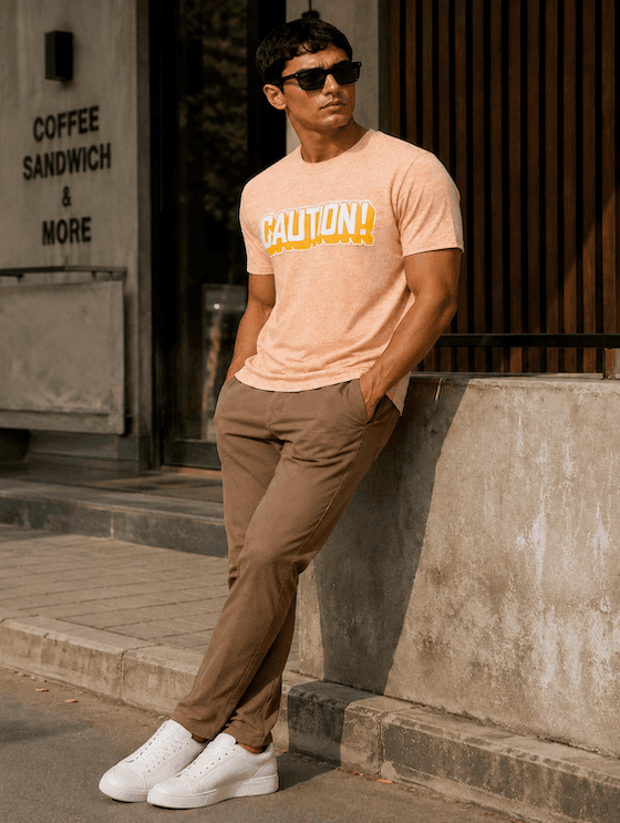 ODCC CAUTION! Printed Crew Neck Cotton Melange T-Shirt for Men – Peach Melange – photo 6