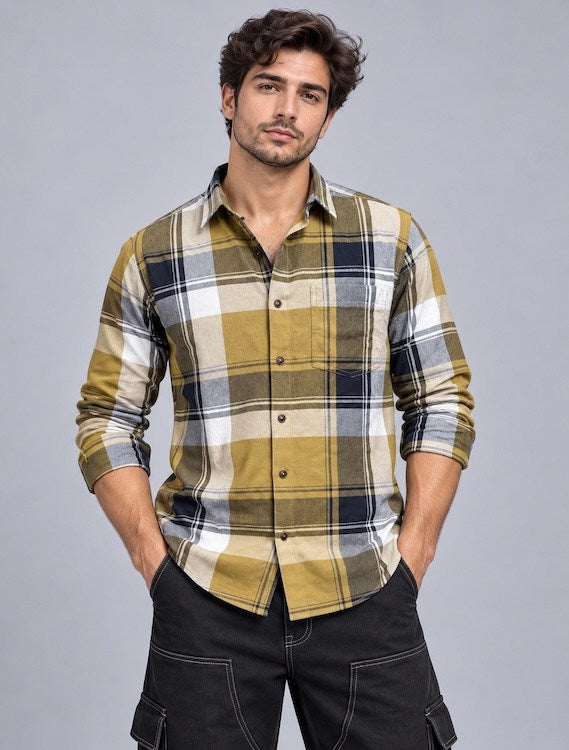 ODCC Men's Khaki & Black Checkered Full Sleeve Cotton Twill Shirt with Chest Pocket YM0805