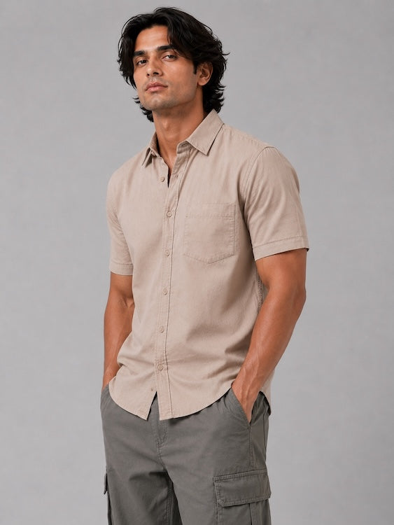 Men's Beige Cotton Linen Blend Half Sleeve Casual Shirt – photo 2