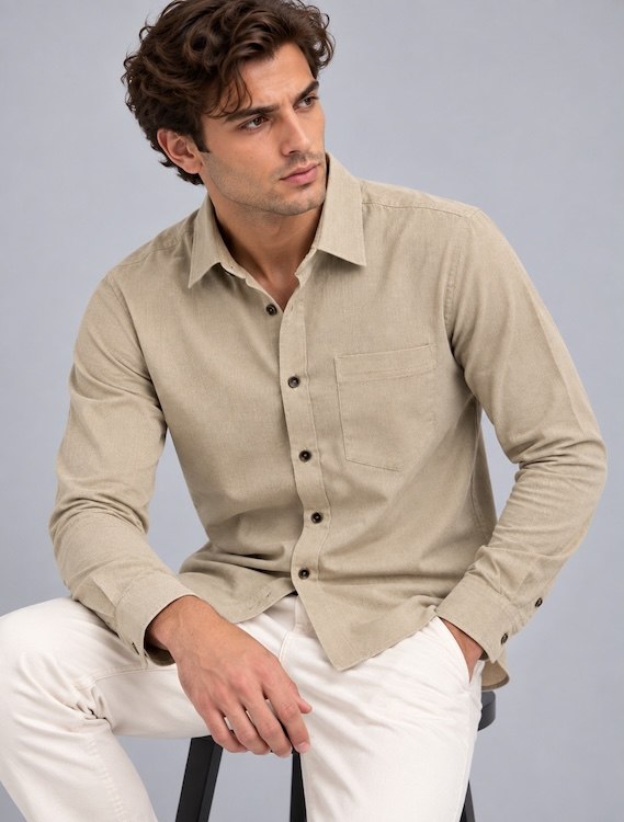 ODCC Men's Beige Plain Full Sleeve Cotton Shirt with Pocket YM0804 – photo 4