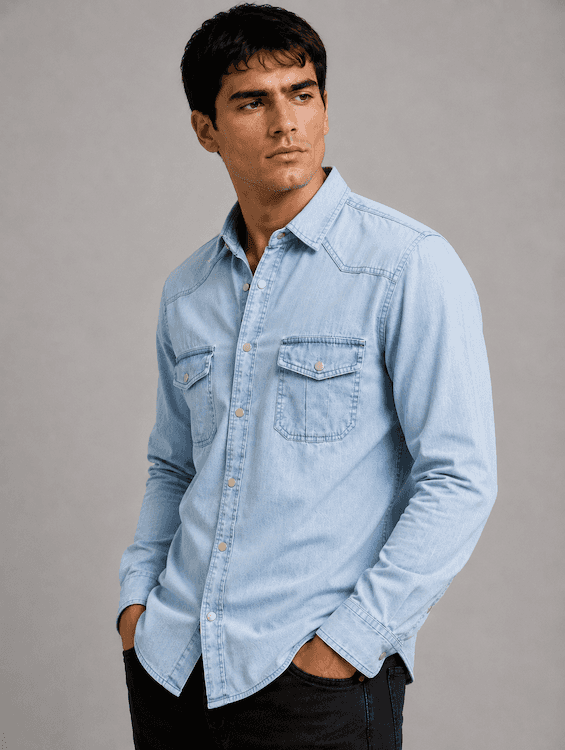 ODCC Men's Lite Blue Faded Washed Denim Shirt with Matte Silver Press Buttons RN0059 – photo 2