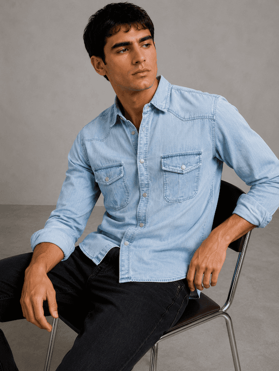 ODCC Men's Lite Blue Faded Washed Denim Shirt with Matte Silver Press Buttons RN0059 – photo 6