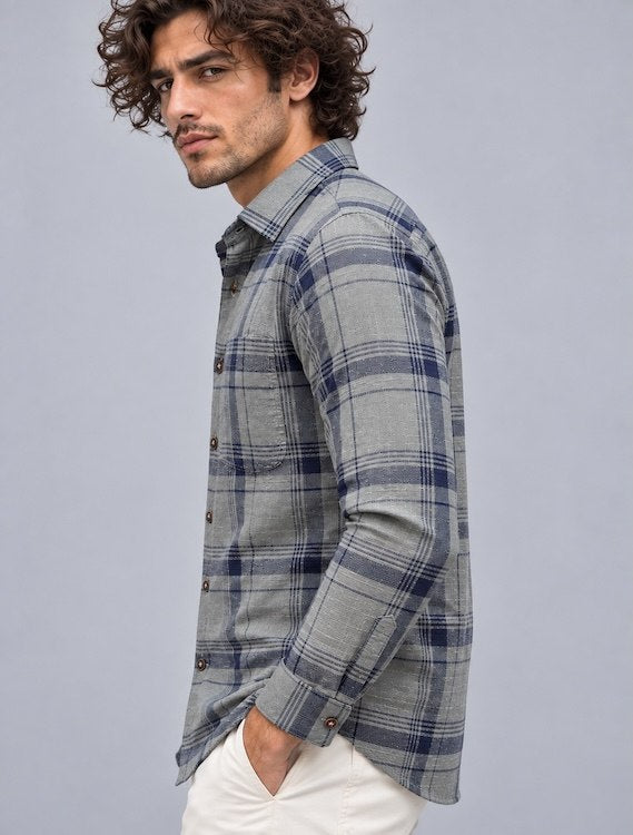 ODCC Men's Grey & Navy Blue Checkered Full Sleeve Cotton Twill St with Chest Pocket YM0808 – photo 4