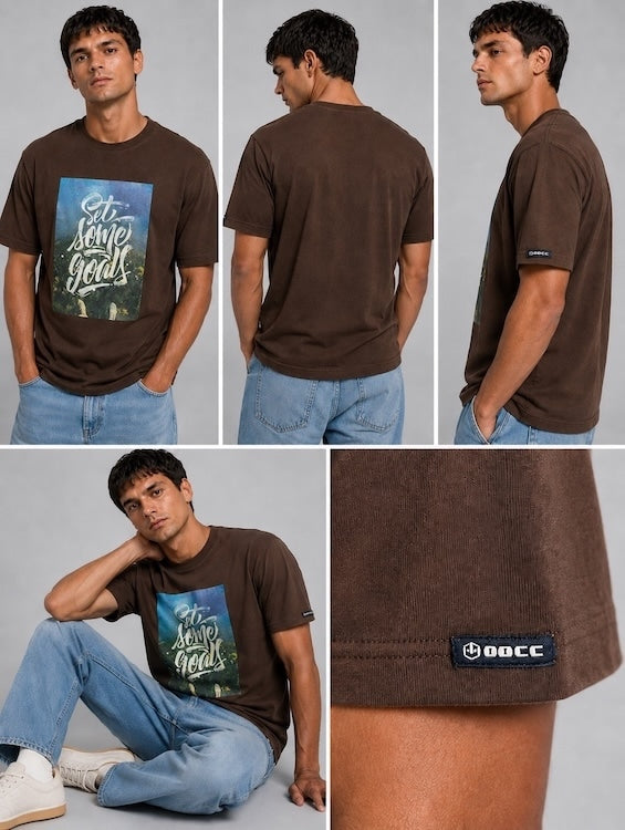 Men's Brown Typography Printed Round Neck T-Shirt | Regular Fit | ODCC – photo 6
