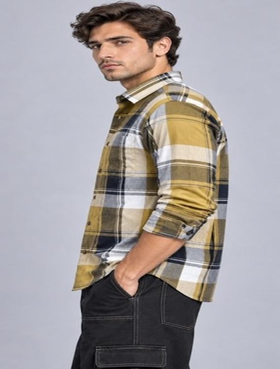 ODCC Men's Khaki & Black Checkered Full Sleeve Cotton Twill Shirt with Chest Pocket YM0805 – photo 3