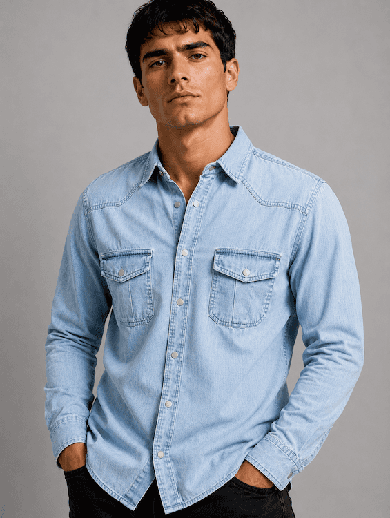 ODCC Men's Lite Blue Faded Washed Denim Shirt with Matte Silver Press Buttons RN0059 – photo 1