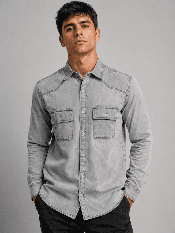 ODCC Men's Light Grey Denim Shirt with Matte Silver Press Buttons RN0050 – photo 1