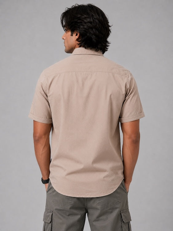 Men's Beige Cotton Linen Blend Half Sleeve Casual Shirt