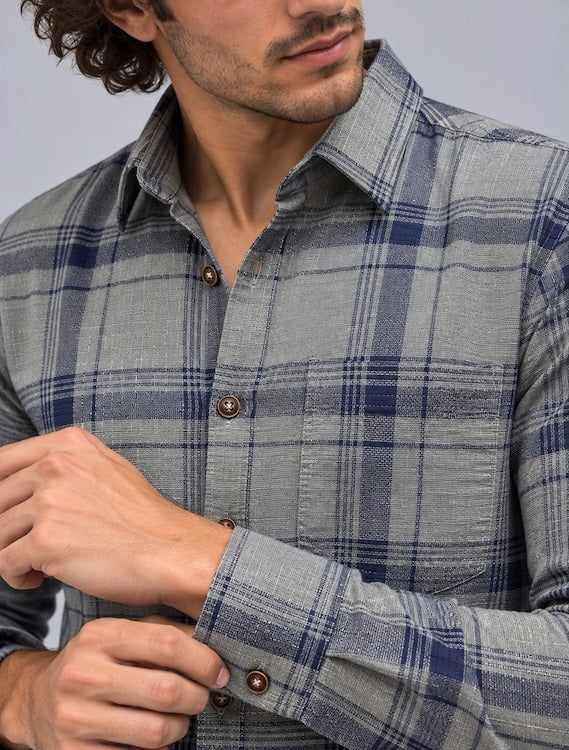 ODCC Men's Grey & Navy Blue Checkered Full Sleeve Cotton Twill St with Chest Pocket YM0808 – photo 5