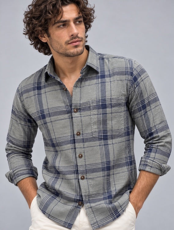 ODCC Men's Grey & Navy Blue Checkered Full Sleeve Cotton Twill St with Chest Pocket YM0808 – photo 3