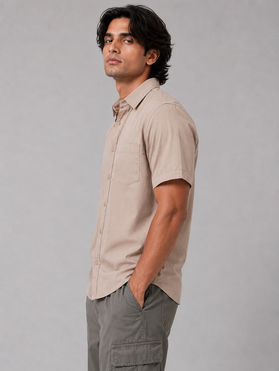 Men's Beige Cotton Linen Blend Half Sleeve Casual Shirt