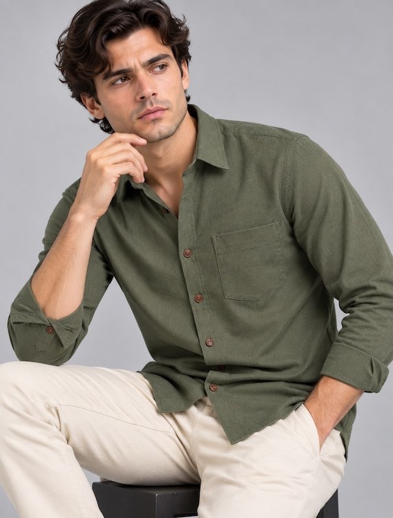 ODCC Men's Green Plain Full Sleeve Cotton Shirt with Chest Pocke YM0800 – photo 4