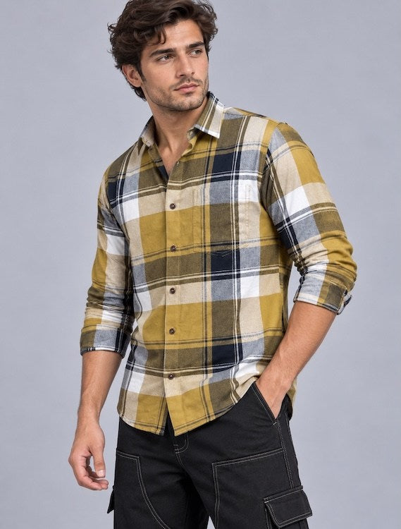 ODCC Men's Khaki & Black Checkered Full Sleeve Cotton Twill Shirt with Chest Pocket YM0805 – photo 2