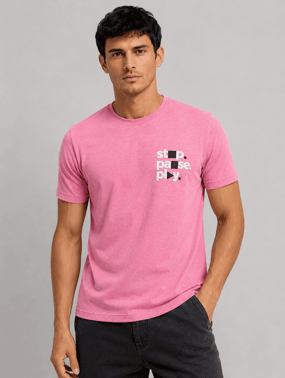 ODCC Men's Pink Melange Round Neck Cotton T-Shirt with Puff HD Print – T02539A – photo 1