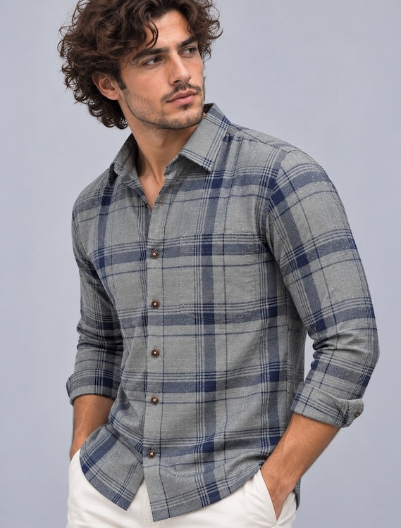 ODCC Men's Grey & Navy Blue Checkered Full Sleeve Cotton Twill St with Chest Pocket YM0808 – photo 2
