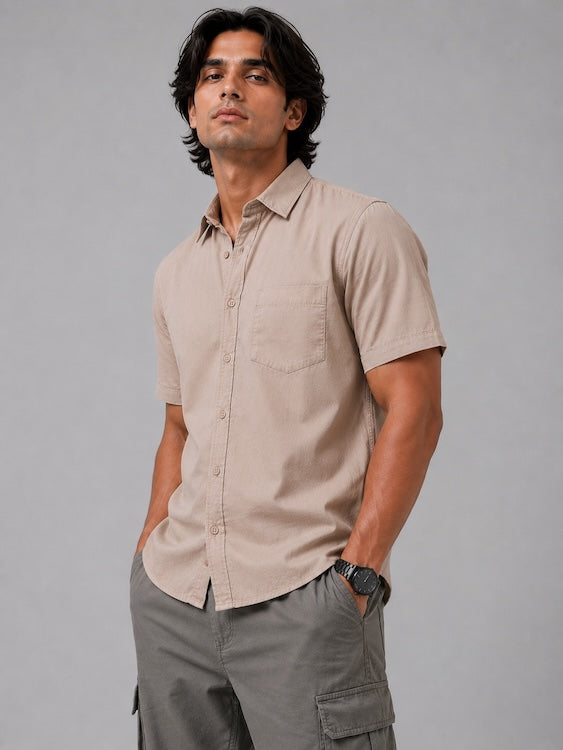 Men's Beige Cotton Linen Blend Half Sleeve Casual Shirt – photo 6