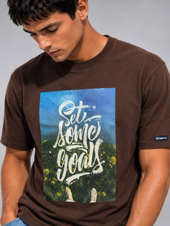 Men's Brown Typography Printed Round Neck T-Shirt | Regular Fit | ODCC – photo 3