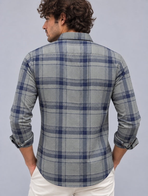 ODCC Men's Grey & Navy Blue Checkered Full Sleeve Cotton Twill St with Chest Pocket YM0808 – photo 6