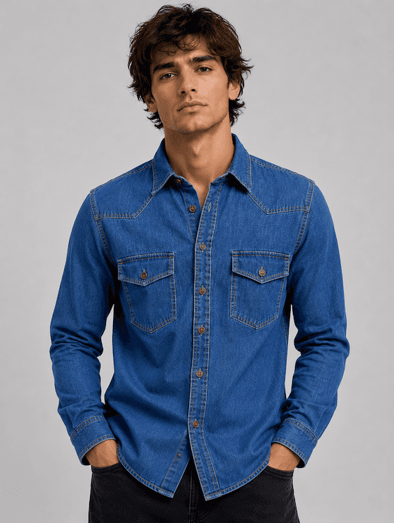 ODCC Men's Mid Blue Vintage Washed Denim Shirt with Brown Stitched Buttons RN0058 – photo 1