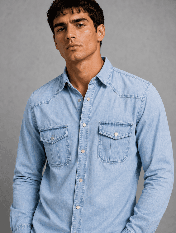 ODCC Men's Lite Blue Faded Washed Denim Shirt with Matte Silver Press Buttons RN0059 – photo 5