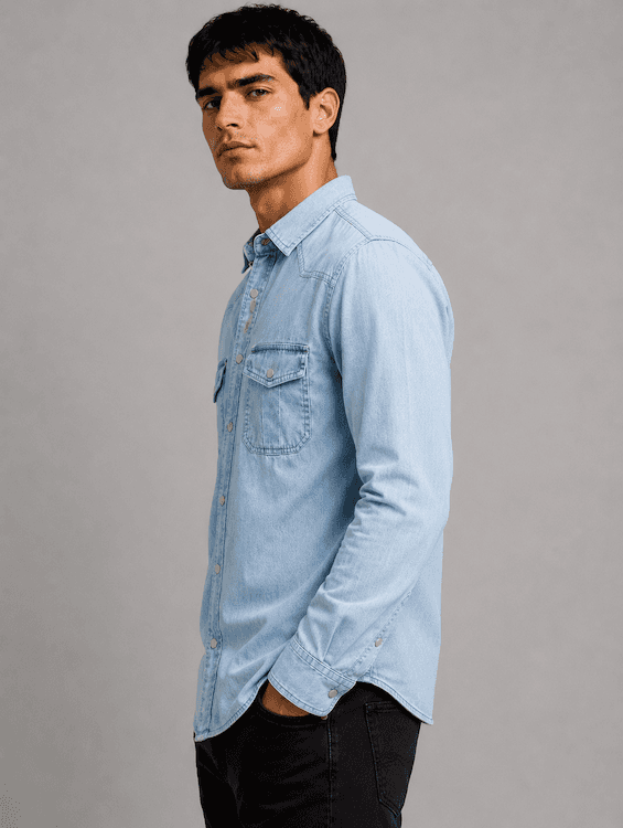 ODCC Men's Lite Blue Faded Washed Denim Shirt with Matte Silver Press Buttons RN0059 – photo 3