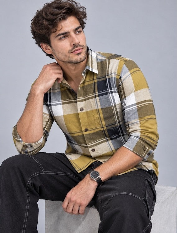ODCC Men's Khaki & Black Checkered Full Sleeve Cotton Twill Shirt with Chest Pocket YM0805 – photo 4