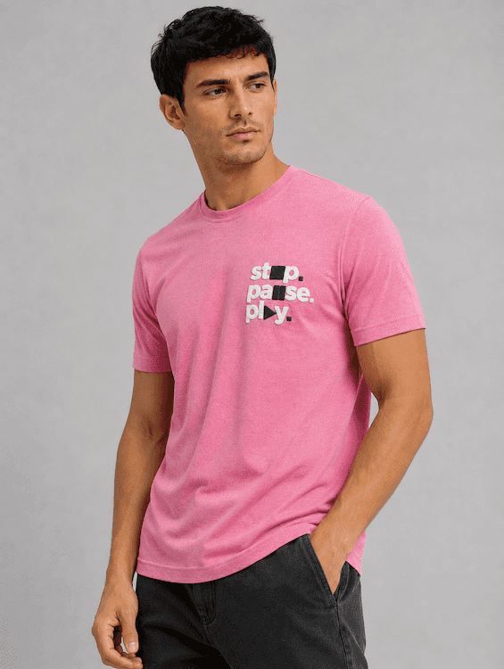 ODCC Men's Pink Melange Round Neck Cotton T-Shirt with Puff HD Print – T02539A – photo 2