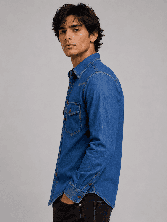 ODCC Men's Mid Blue Vintage Washed Denim Shirt with Brown Stitched Buttons RN0058 – photo 2