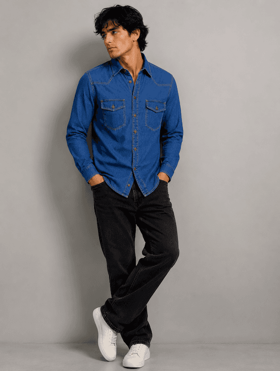 ODCC Men's Mid Blue Vintage Washed Denim Shirt with Brown Stitched Buttons RN0058 – photo 4